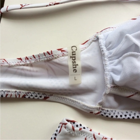 NWT CUPSHE Cheeky Gal Twist Bralette Bikini Set White Black Rust Print Size L - Picture 5 of 10